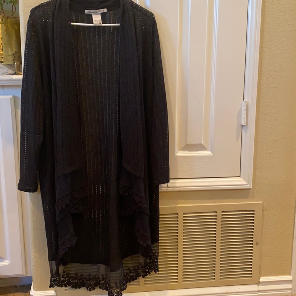 Black draped long cardigan duster with lace trim